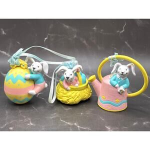 Avon Set of 3 ‘Busy Bunny’ Easter Ornaments Watering Can Basket and Egg 1990s